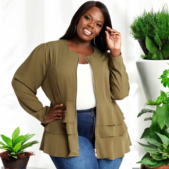 Ashley Stewart Tiered Ruffle Lightweight Bomber Jacket - Picture 4 of 13